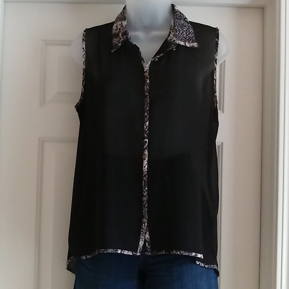 SLEEVELESS Sheer Black Shirt with Snake Print Details Size M